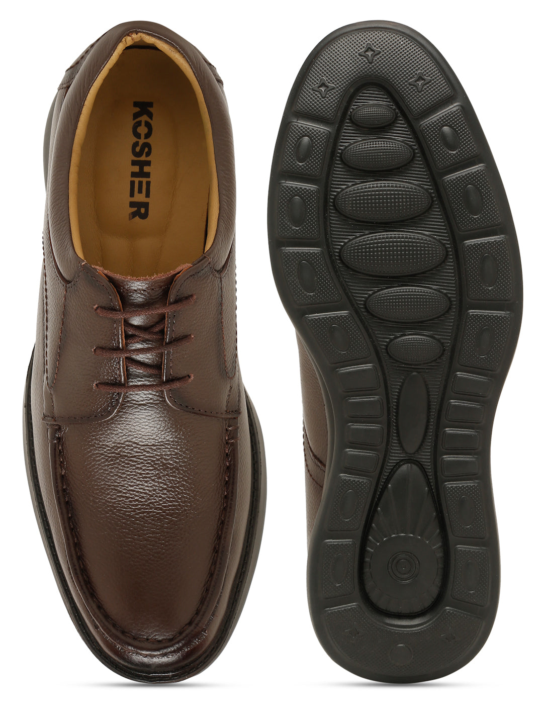 Kosher Men's Brown Genuine Leather Derby Shoes with Stitched Moc Toe