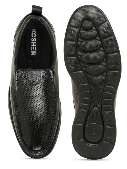 Kosher Men's Black Genuine Leather Slip-On Perforated Shoes