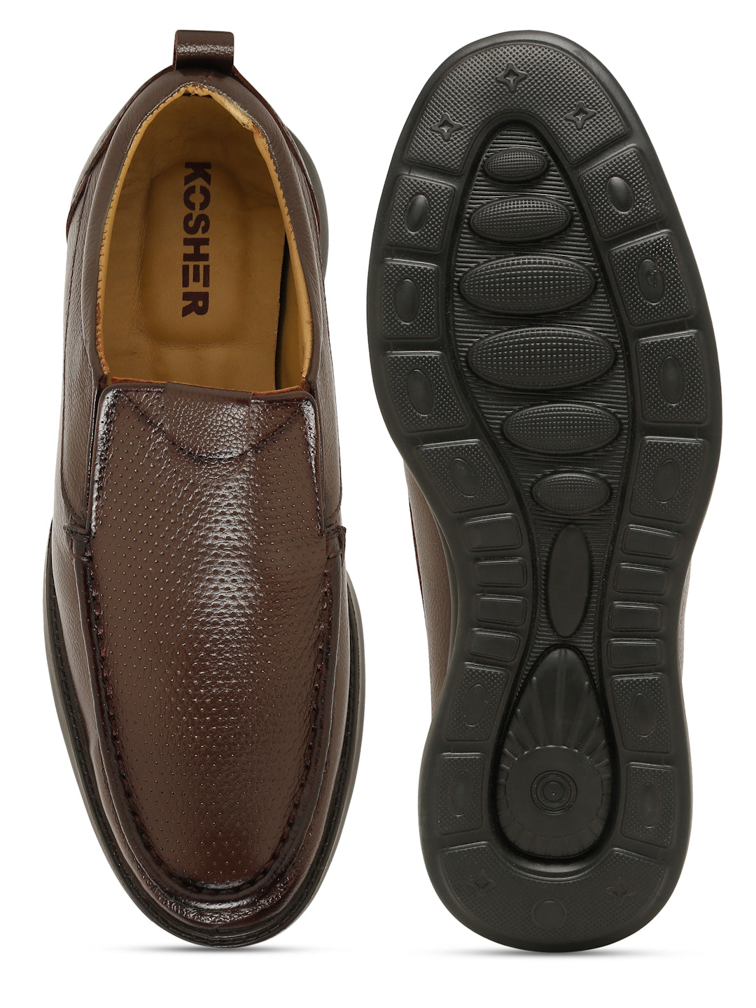 Kosher Men's Brown Genuine Leather Slip-On Perforated Shoes