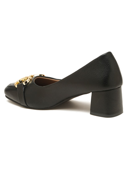 Kosher Women’s Black Block Heel Pumps with Gold Chain Buckle | Formal Office Wear Heels