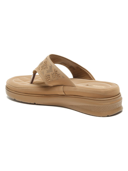 Kosher Women's Beige Comfort Platform Flip-Flops with Studded Strap