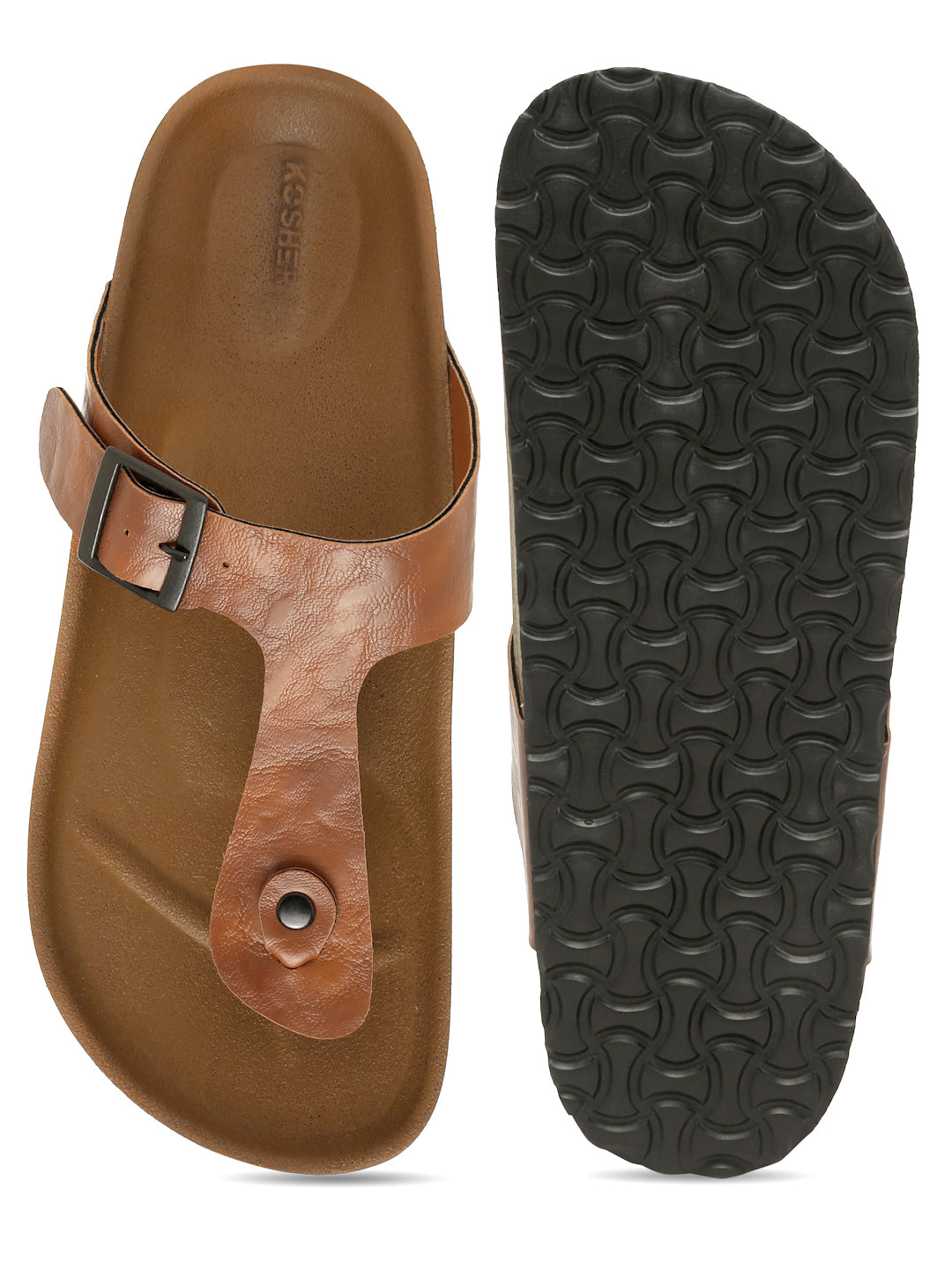 Kosher Men's Tan Textured Thong-Strap Flip-Flops Slippers with Adjustable Buckle