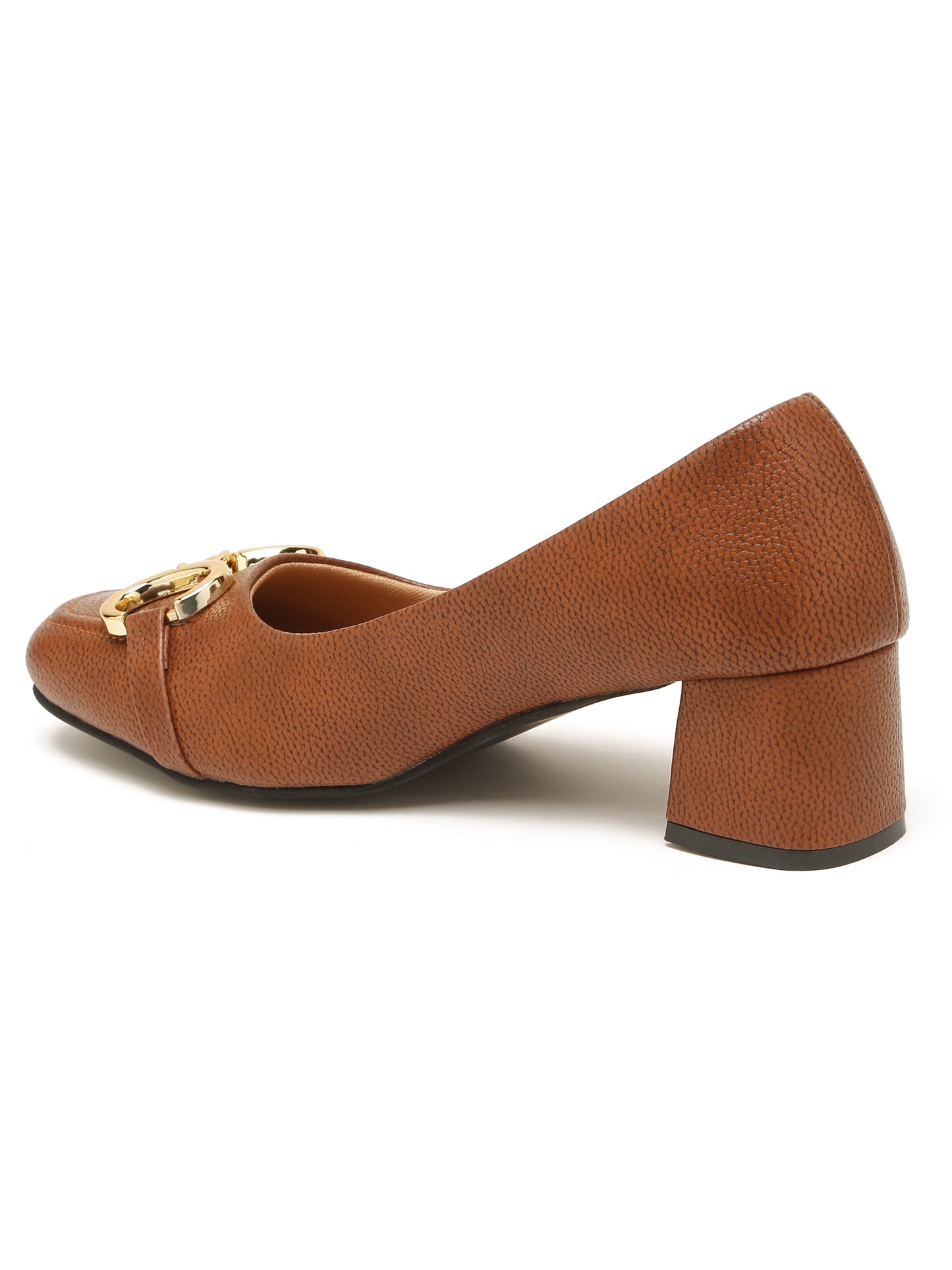 Kosher Women’s Brown Block Heel Pumps with Gold Chain Buckle | Formal Office Wear Heels