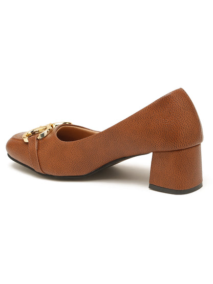 Kosher Women’s Brown Block Heel Pumps with Gold Chain Buckle | Formal Office Wear Heels