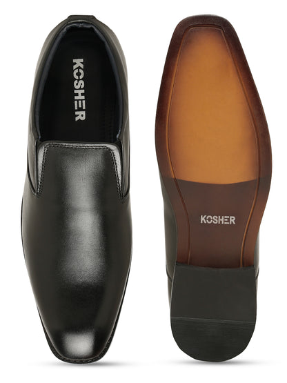 Kosher Men's Sleek Black Plain Toe Slip-On Formal Shoes