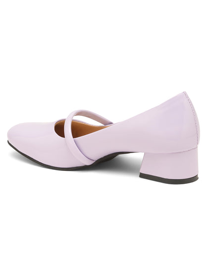 Kosher Women Lavender Patent Mary Jane Block Heel Pumps | Glossy Closed Toe Casual & Party Heels