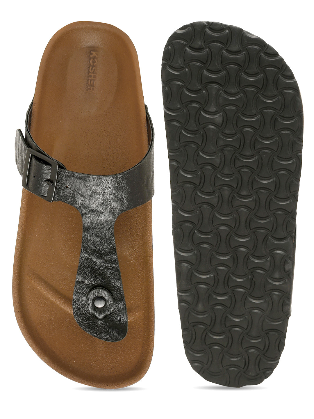 Kosher Men's Black Textured Thong-Strap Flip-Flops Slippers with Adjustable Buckle