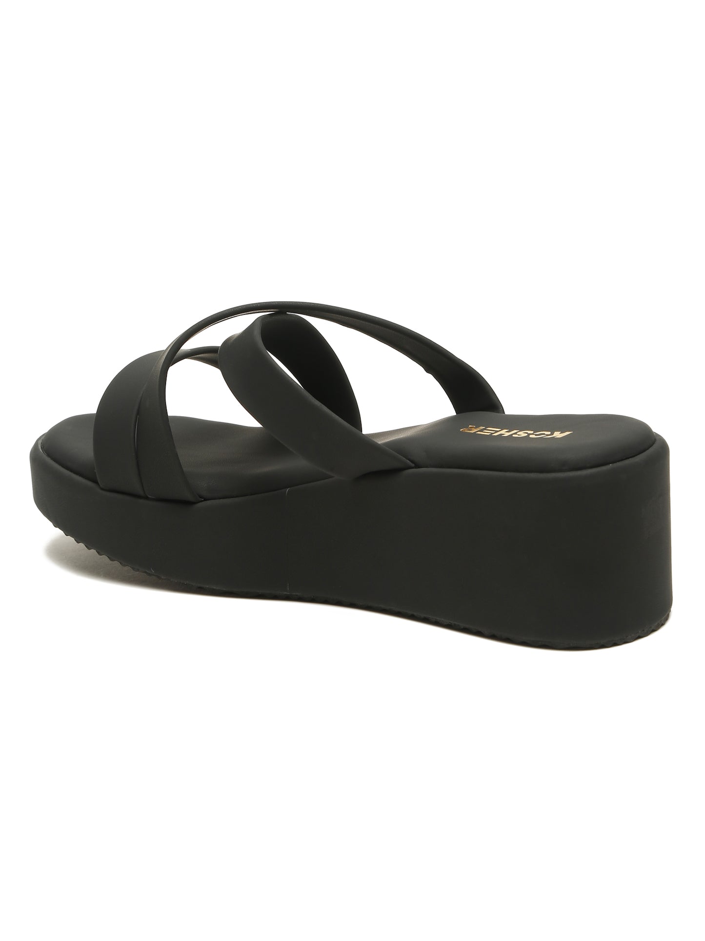 Kosher Women's Black Platform Wedge Slides | Stylish Cross Strap Slip-On Sandals for Casual & Daily Wear