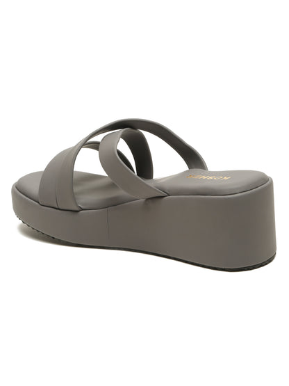 Kosher Women's Dark/Grey Platform Wedge Slides | Stylish Cross Strap Slip-On Sandals for Casual & Daily Wear