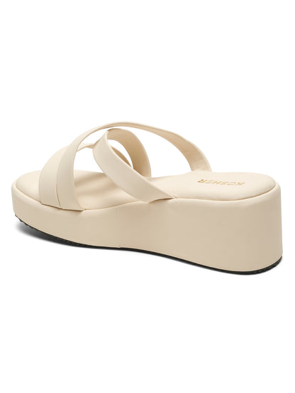 Kosher Women's Cream Platform Wedge Slides | Stylish Cross Strap Slip-On Sandals for Casual & Daily Wear