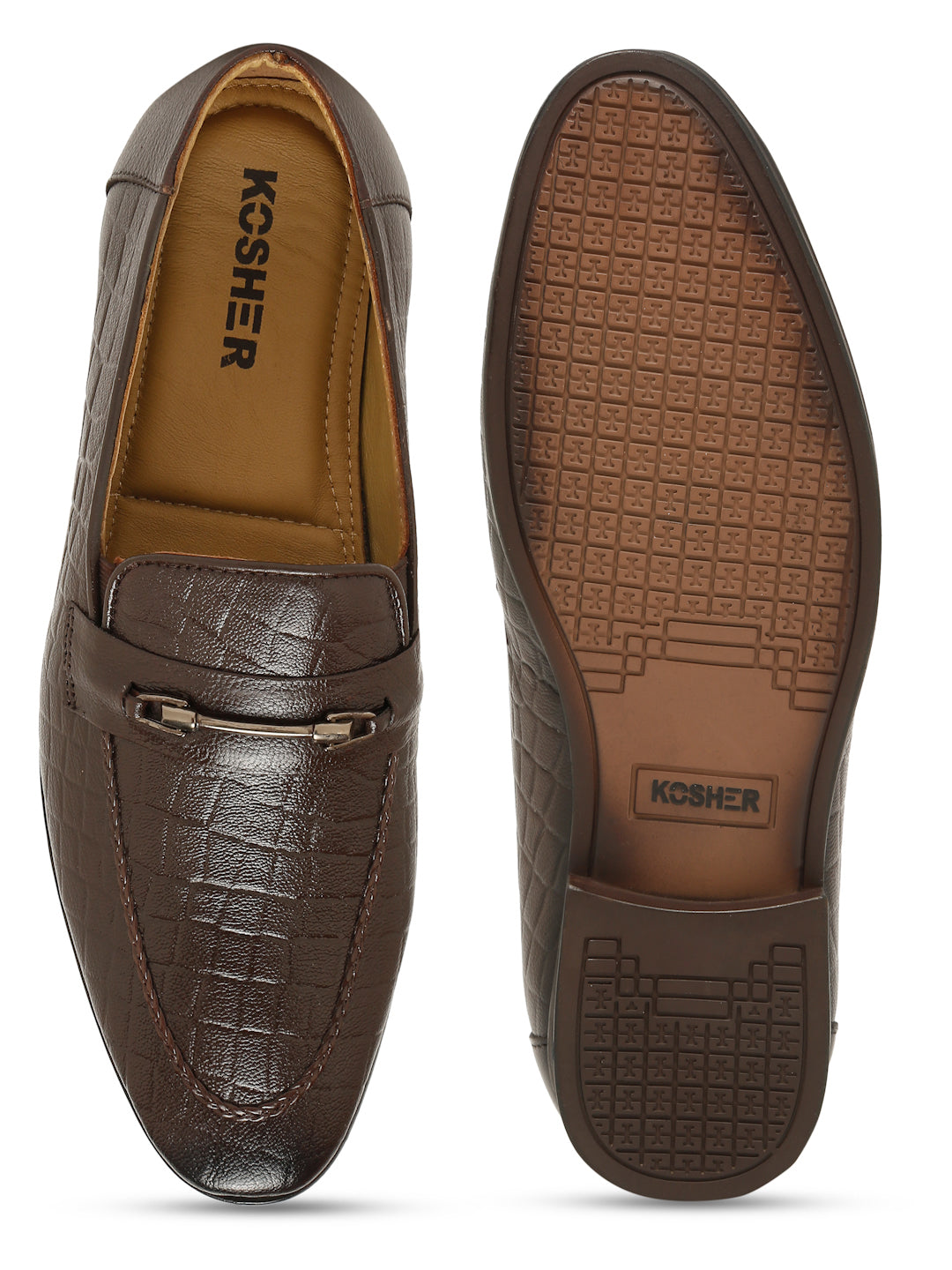 Kosher Men's Brown Textured Slip-On Formal Shoes