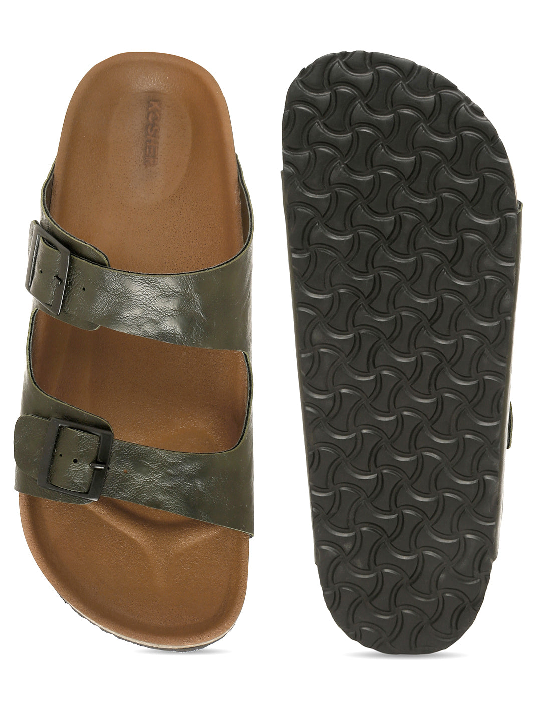 Kosher Men's Stylish and Comfortable Textured Olive Colour Double Buckle Slipper
