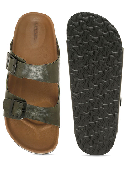 Kosher Men's Stylish and Comfortable Textured Olive Colour Double Buckle Slipper