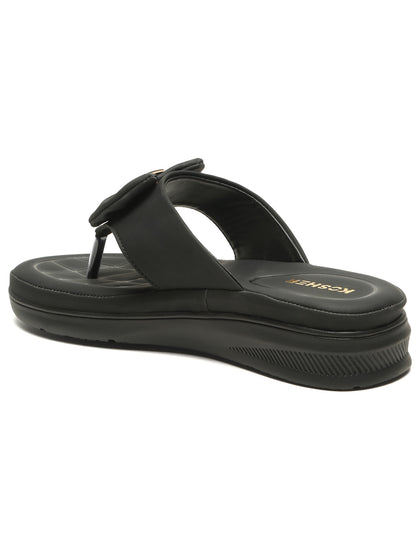 Kosher Women's Comfort Platform Toe-Ring Slippers with Bow Accent – Black