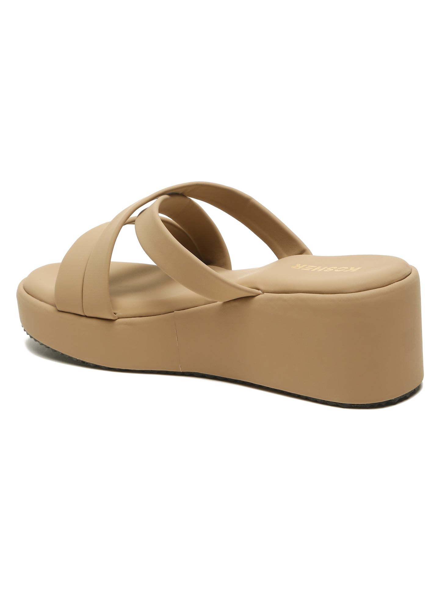 Kosher Women's Beige Platform Wedge Slides | Stylish Cross Strap Slip-On Sandals for Casual & Daily Wear