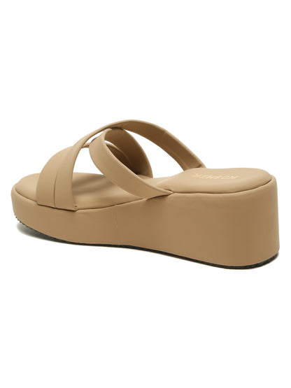 Kosher Women's Beige Platform Wedge Slides | Stylish Cross Strap Slip-On Sandals for Casual & Daily Wear