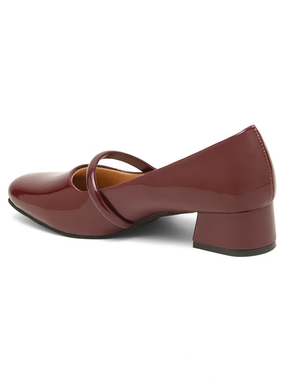 Kosher Women Wine Patent Mary Jane Block Heel Pumps | Glossy Closed Toe Casual & Party Heels