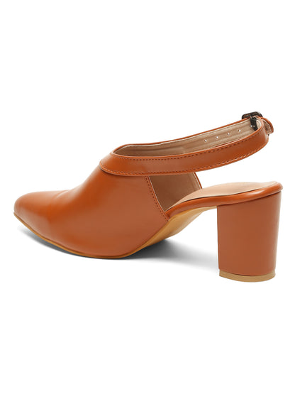 Kosher Women's Tan Pointed Toe Slingback Block Heel Pumps
