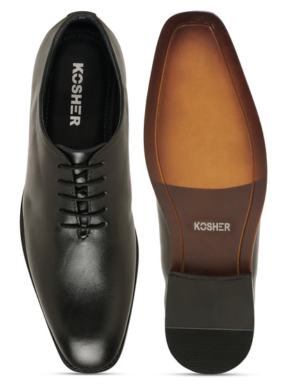 Kosher Men's Sleek Black Plain Toe Lace-Up Formal Shoes