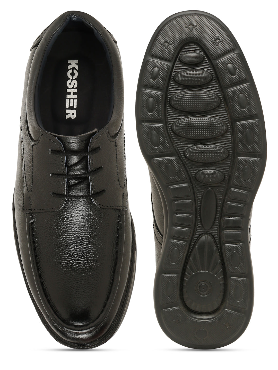 Kosher Men's Black Genuine Leather Derby Shoes with Stitched Moc Toe