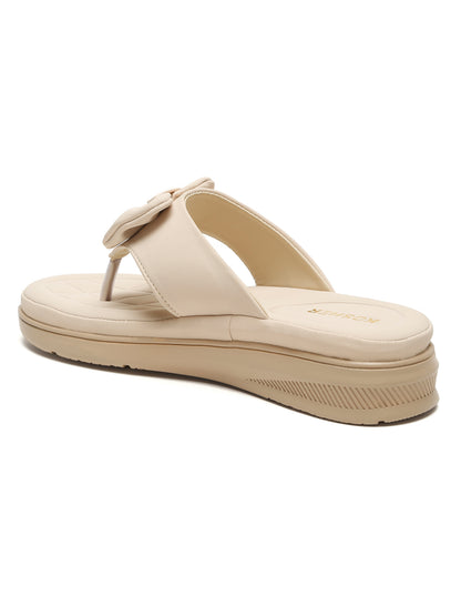 Kosher Women's Comfort Platform Toe-Ring Slippers with Bow Accent – Cream