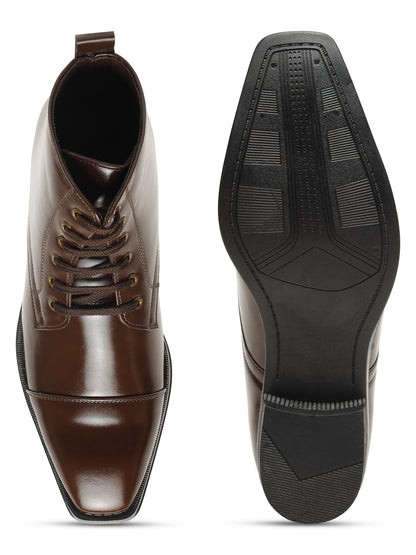 KOSHER Men Brown Solid Synthetic Leather Lace-Up Mid-Top High Heel Boots