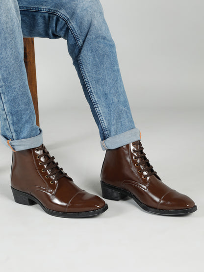 KOSHER Men Brown Solid Synthetic Leather Lace-Up Mid-Top High Heel Boots