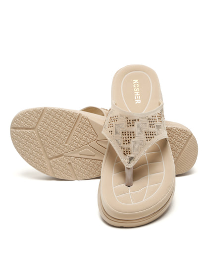 Kosher Women's Cream Comfort Platform Flip-Flops with Studded Strap