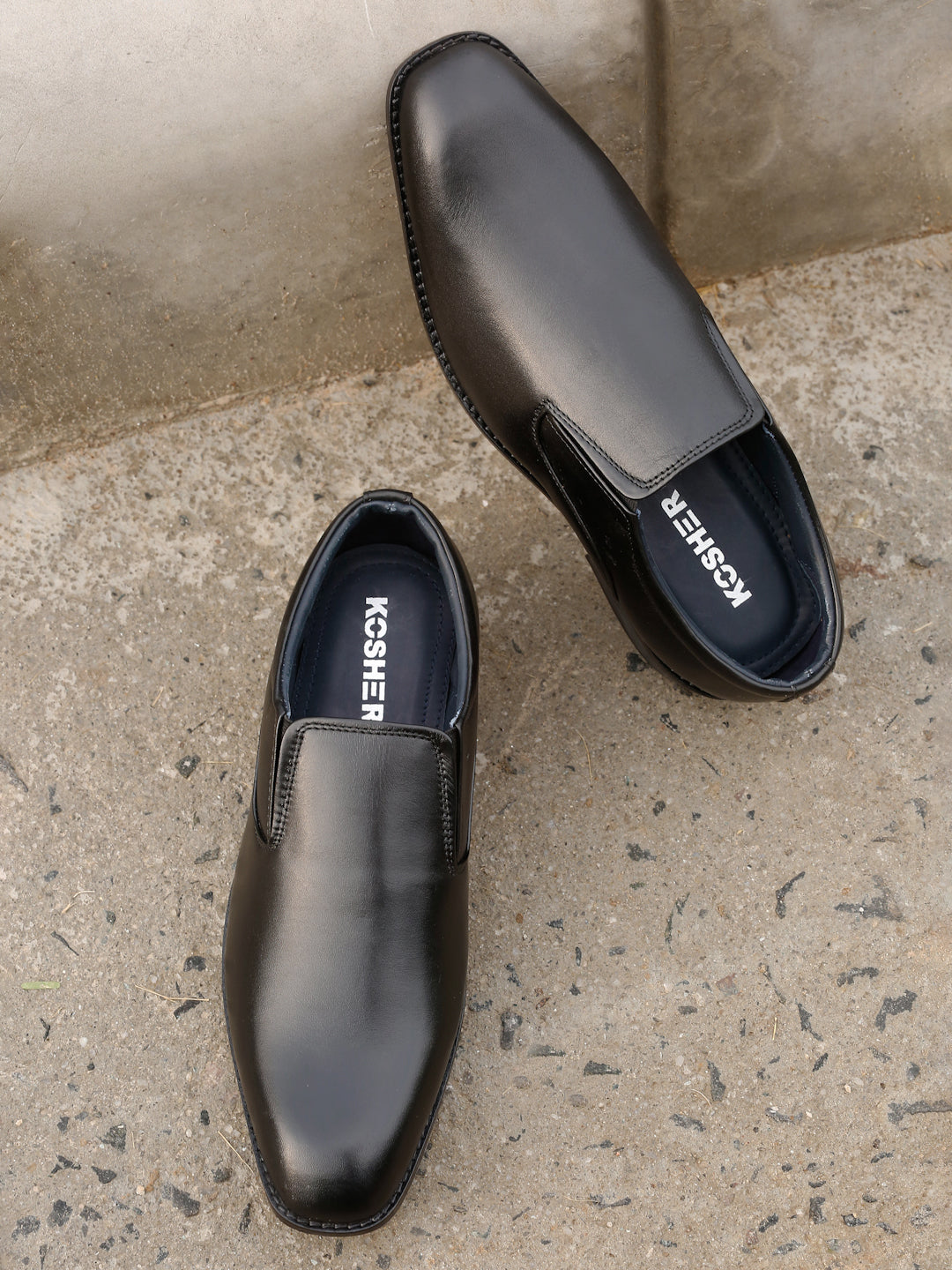 Kosher Men's Sleek Black Plain Toe Slip-On Formal Shoes