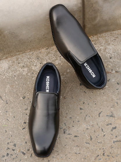 Kosher Men's Sleek Black Plain Toe Slip-On Formal Shoes