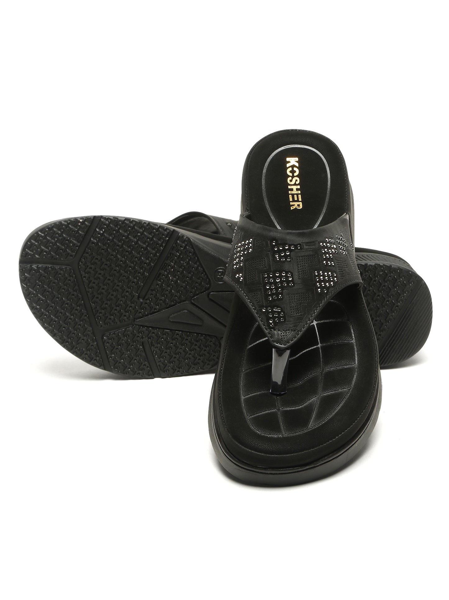 Kosher Women's Black Comfort Platform Flip-Flops with Studded Strap