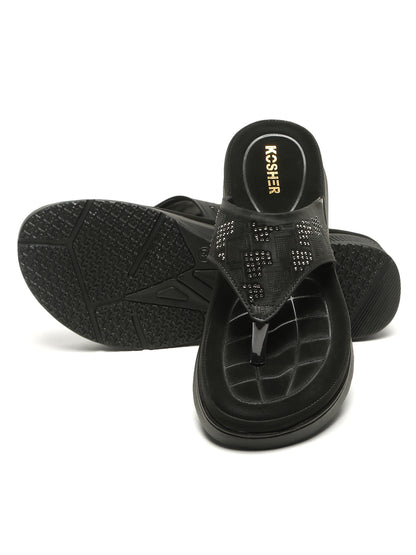 Kosher Women's Black Comfort Platform Flip-Flops with Studded Strap
