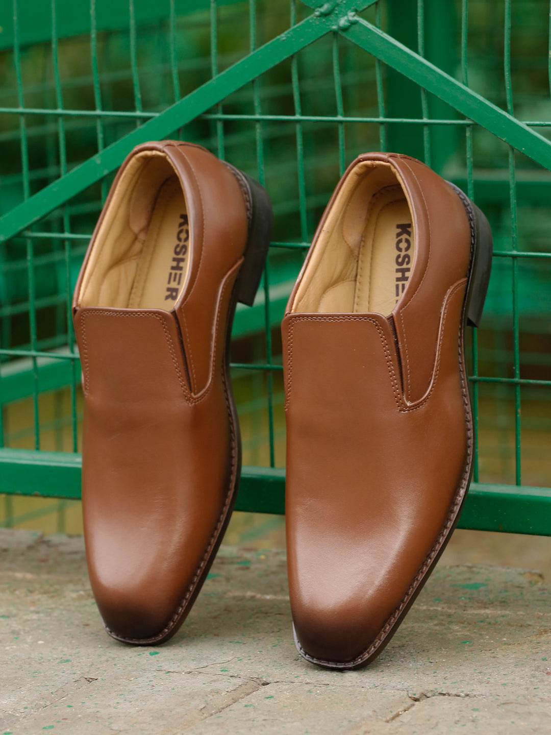 Kosher Men's Sleek Tan Plain Toe Slip-On Formal Shoes