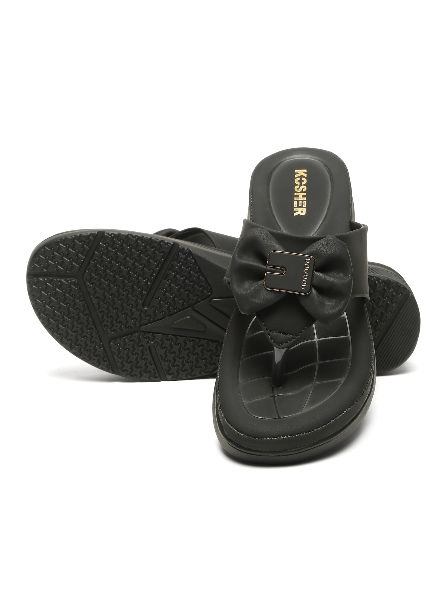 Kosher Women's Comfort Platform Toe-Ring Slippers with Bow Accent – Black