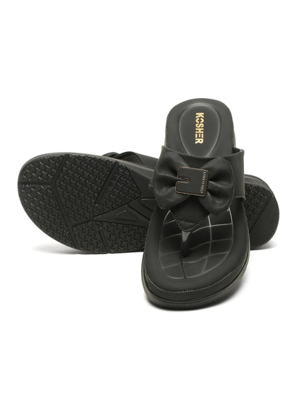 Kosher Women's Comfort Platform Toe-Ring Slippers with Bow Accent – Black