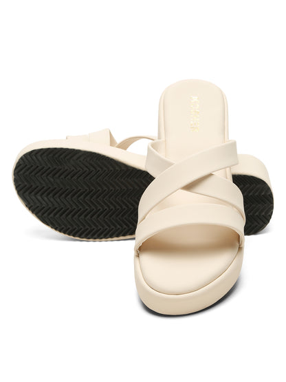 Kosher Women's Cream Platform Wedge Slides | Stylish Cross Strap Slip-On Sandals for Casual & Daily Wear