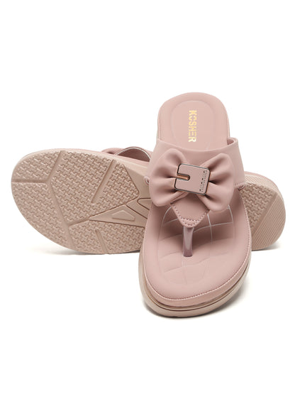 Kosher Women's Comfort Platform Toe-Ring Slippers with Bow Accent – Wood/Rose