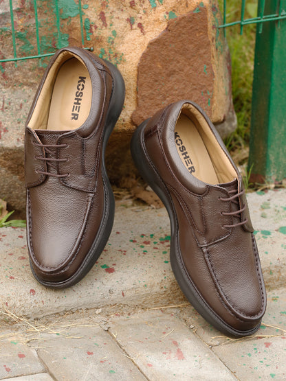 Kosher Men's Brown Genuine Leather Derby Shoes with Stitched Moc Toe