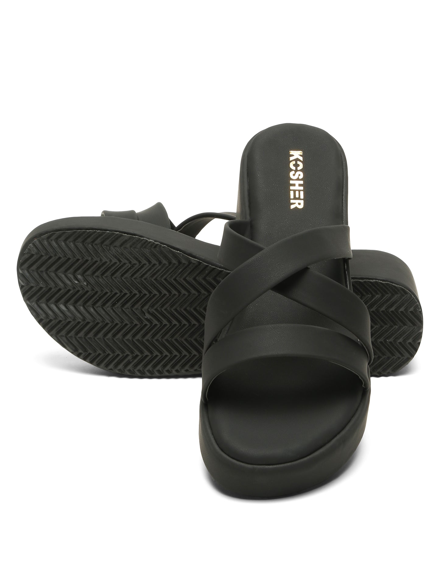 Kosher Women's Black Platform Wedge Slides | Stylish Cross Strap Slip-On Sandals for Casual & Daily Wear