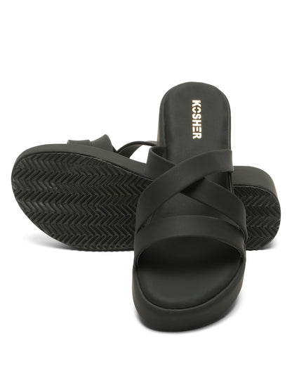 Kosher Women's Black Platform Wedge Slides | Stylish Cross Strap Slip-On Sandals for Casual & Daily Wear