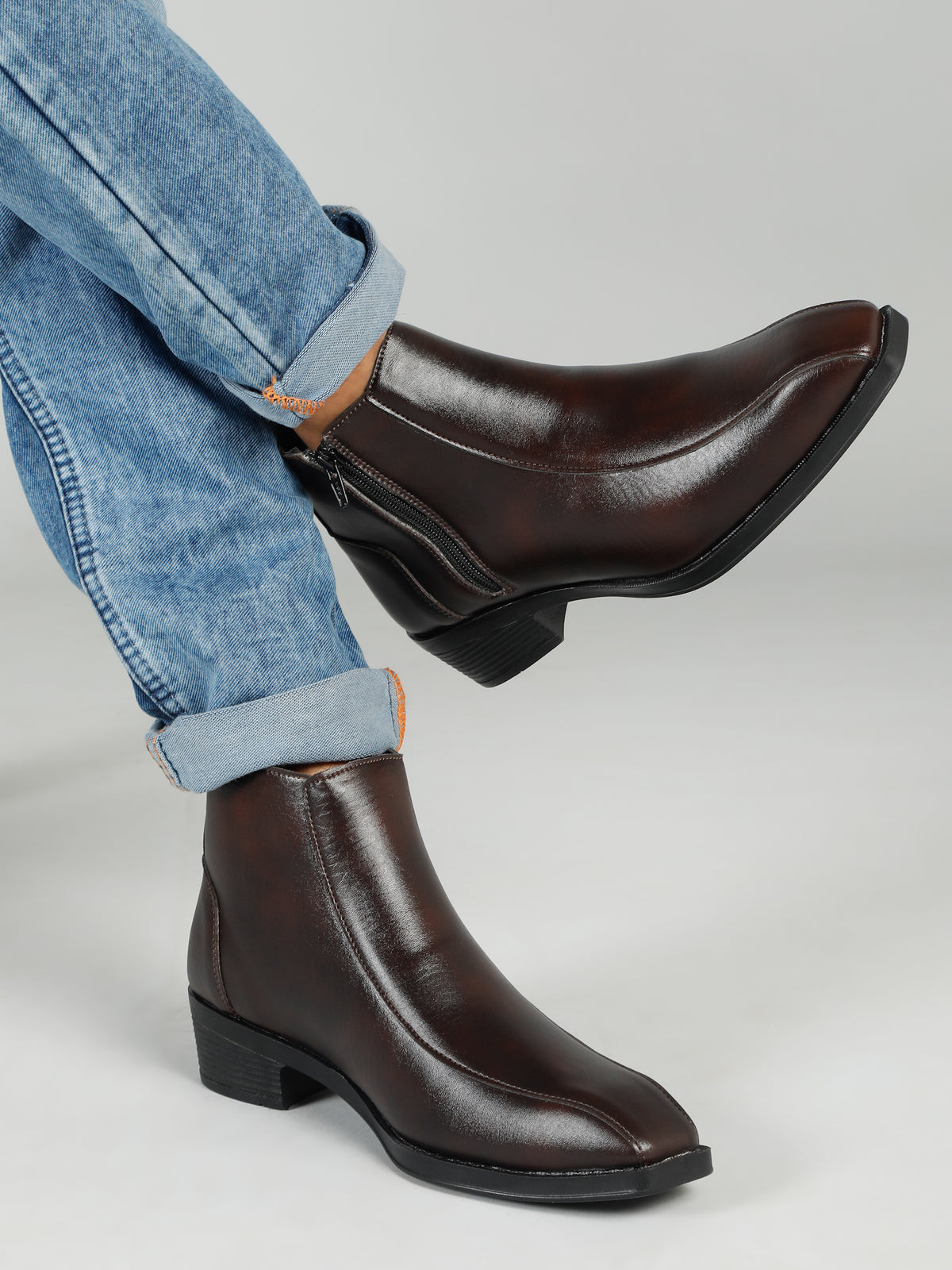 Kosher Men's Brown Synthetic Leather Side-Zip Square-Toe Ankle Boots