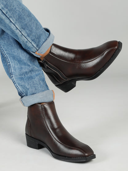 Kosher Men's Brown Synthetic Leather Side-Zip Square-Toe Ankle Boots