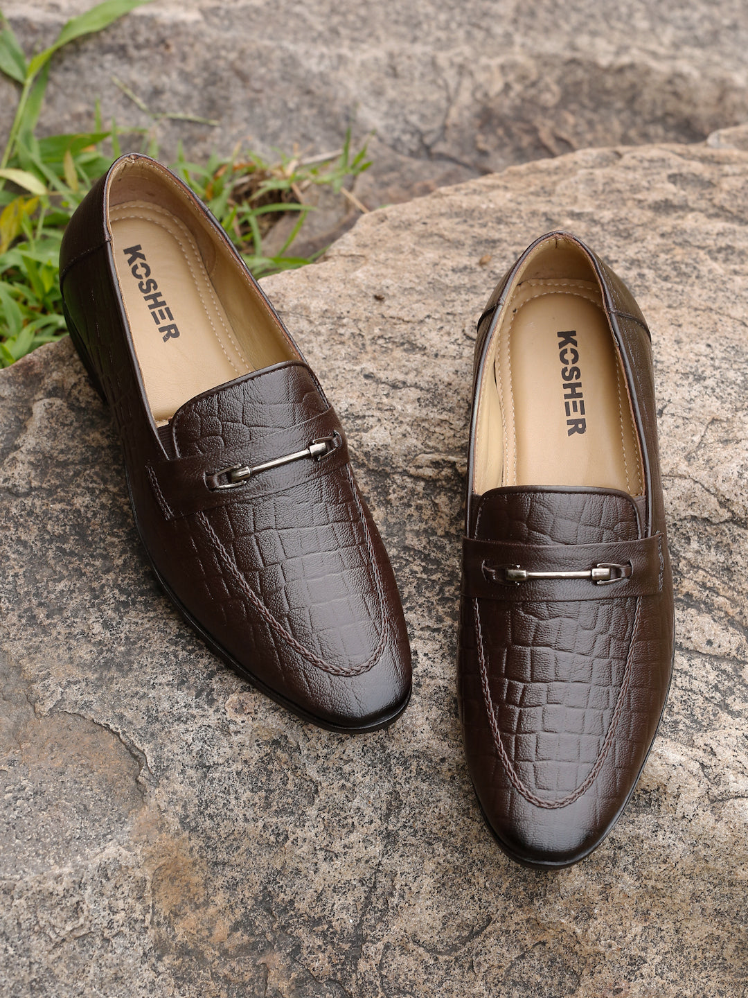 Kosher Men's Brown Textured Slip-On Formal Shoes