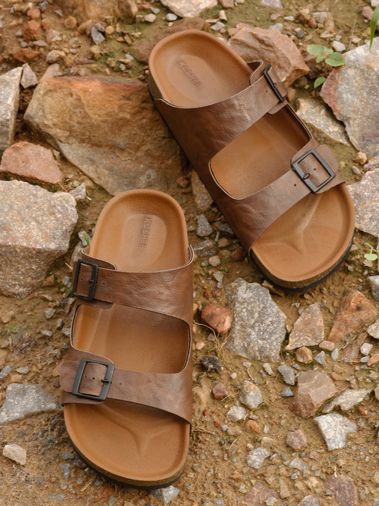 Kosher Men's Stylish and Comfortable Textured Tan Double Buckle Slipper