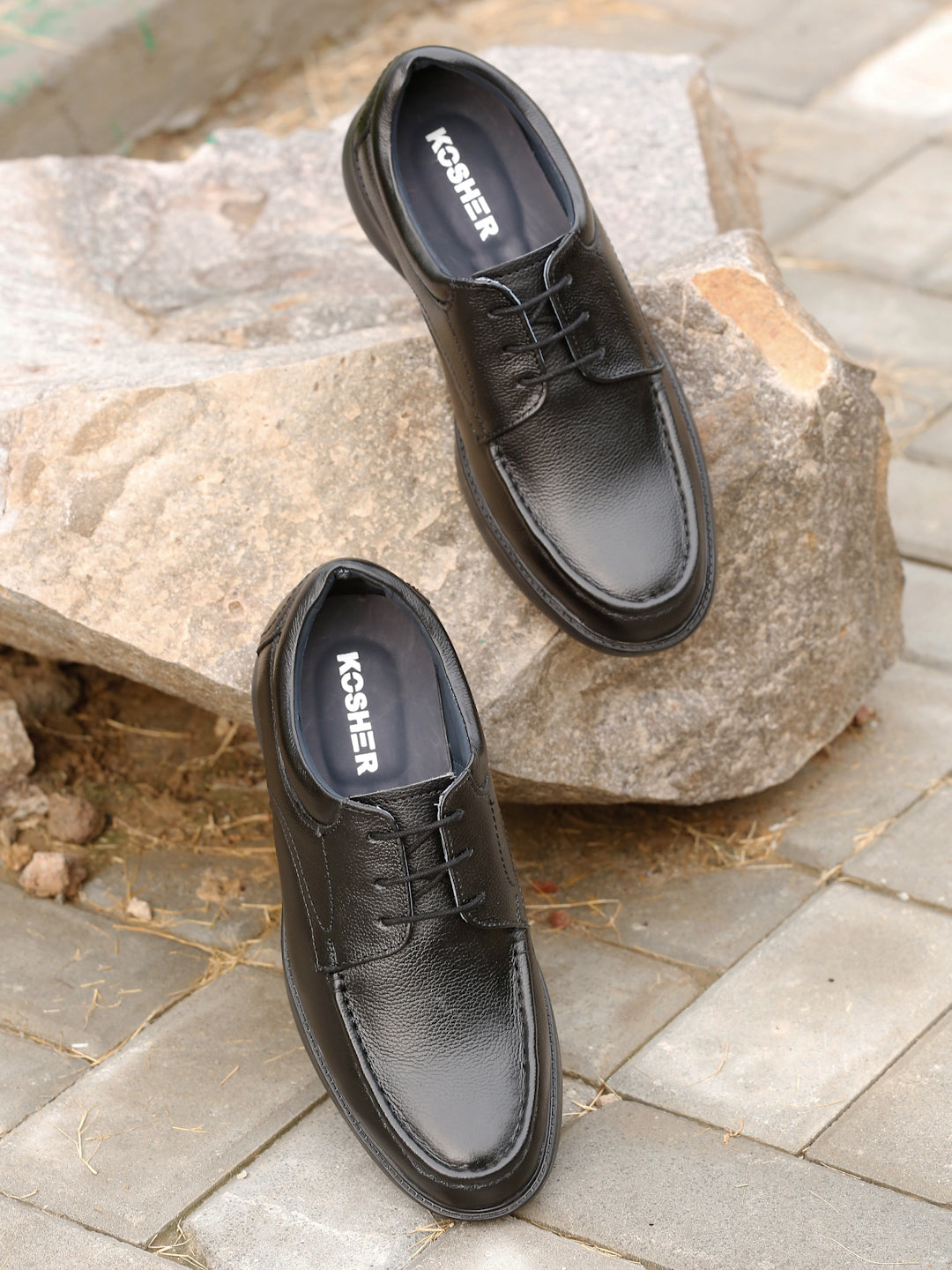 Kosher Men's Black Genuine Leather Derby Shoes with Stitched Moc Toe