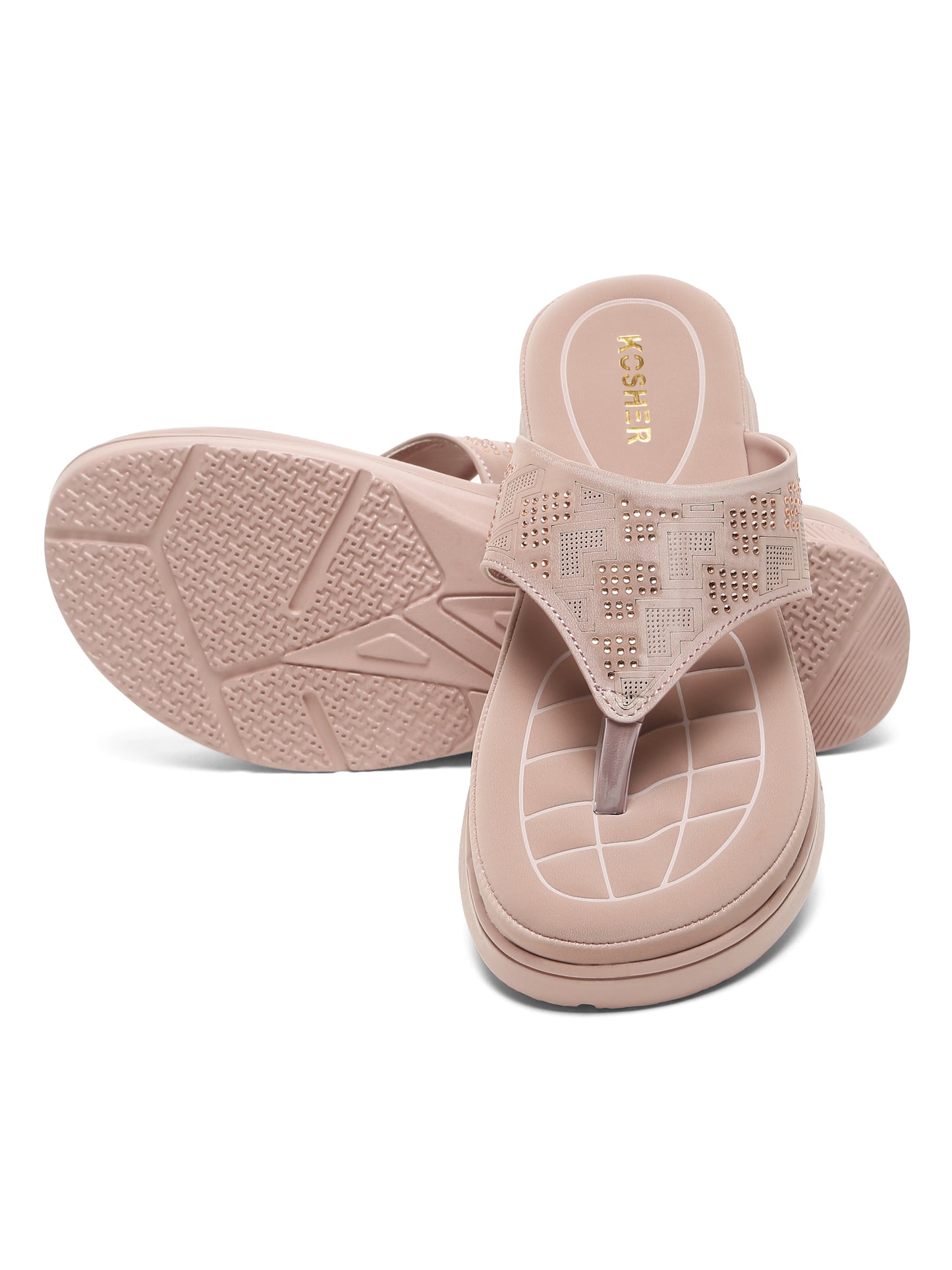 Kosher Women's Wood/Rose Comfort Platform Flip-Flops with Studded Strap