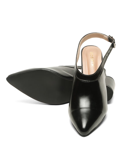 Kosher Women's Black Pointed Toe Slingback Block Heel Pumps