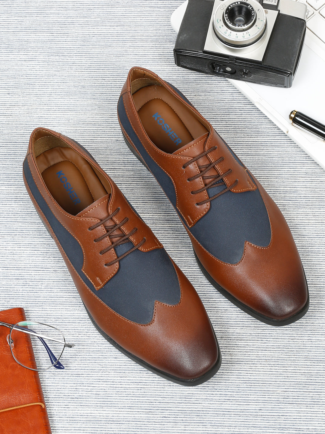 Kosher Tan/blue Color Lace-up Formal Shoes
