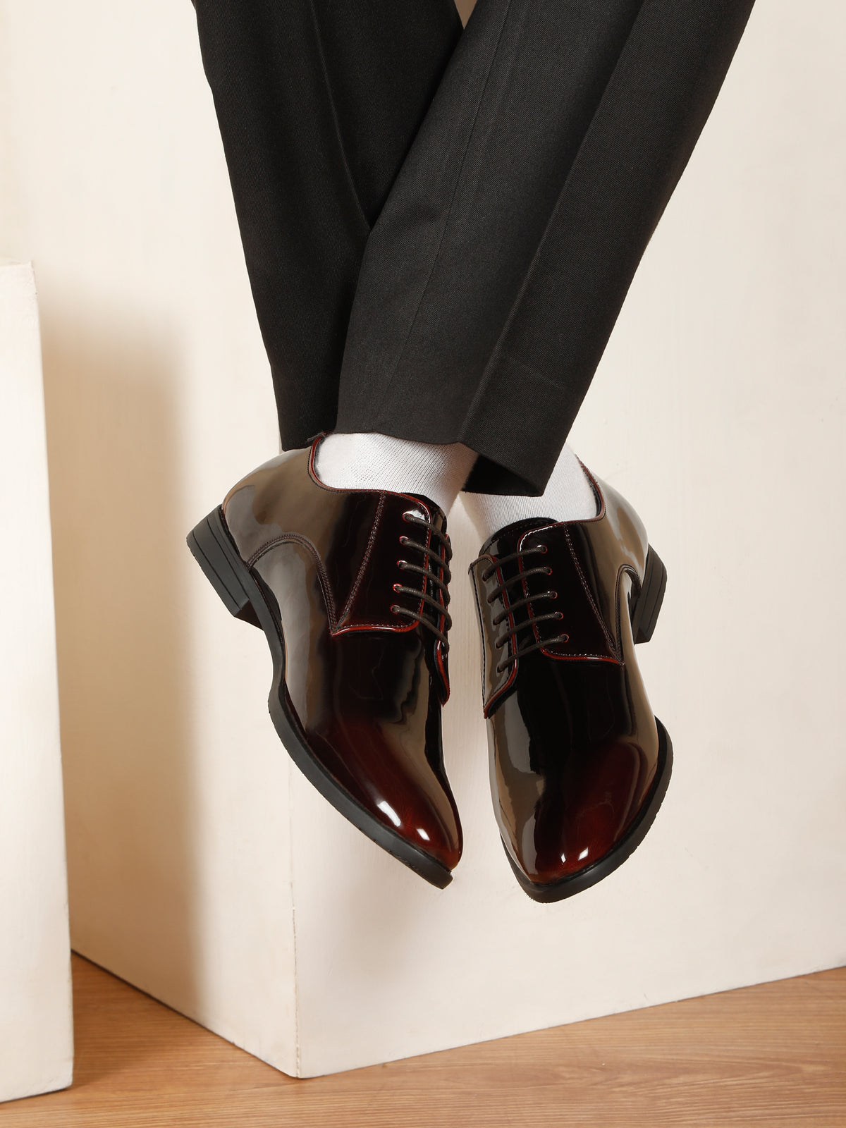 KOSHER Men Wine Glossy Patent Formal Derby Shoes