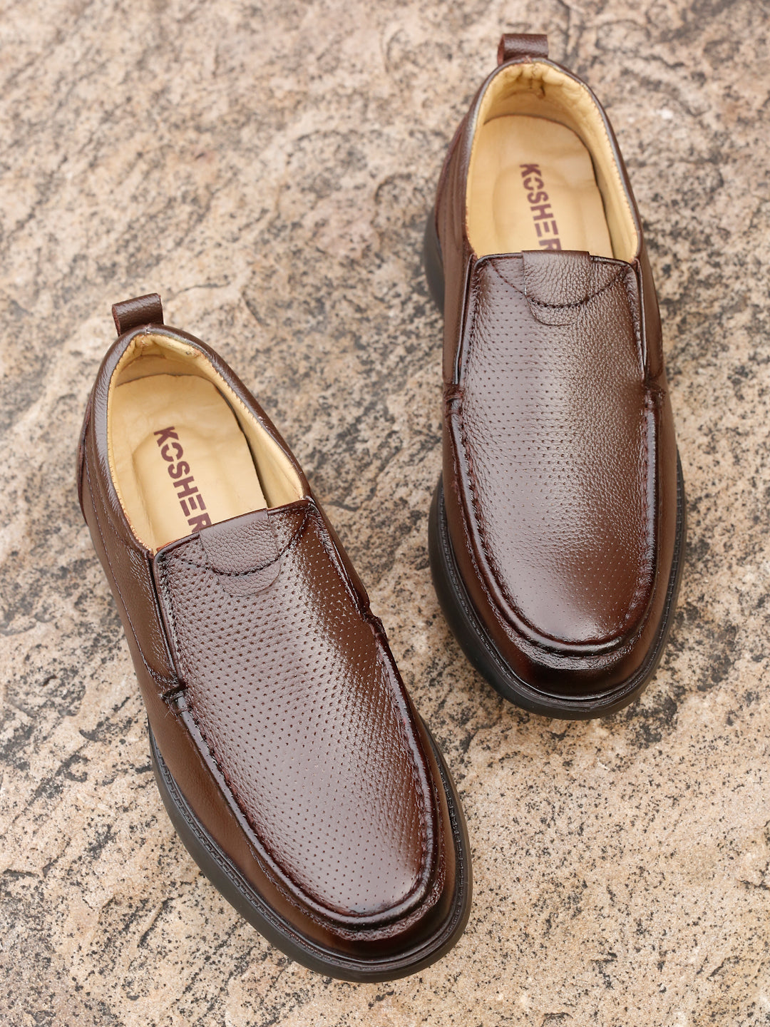 Kosher Men's Brown Genuine Leather Slip-On Perforated Shoes